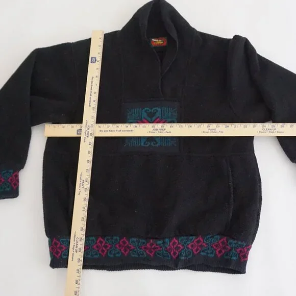 VTG Alps Black Southwestern Heart Geometric Pattern Fleece Pullover Sweatshirt L - Picture 3 of 9